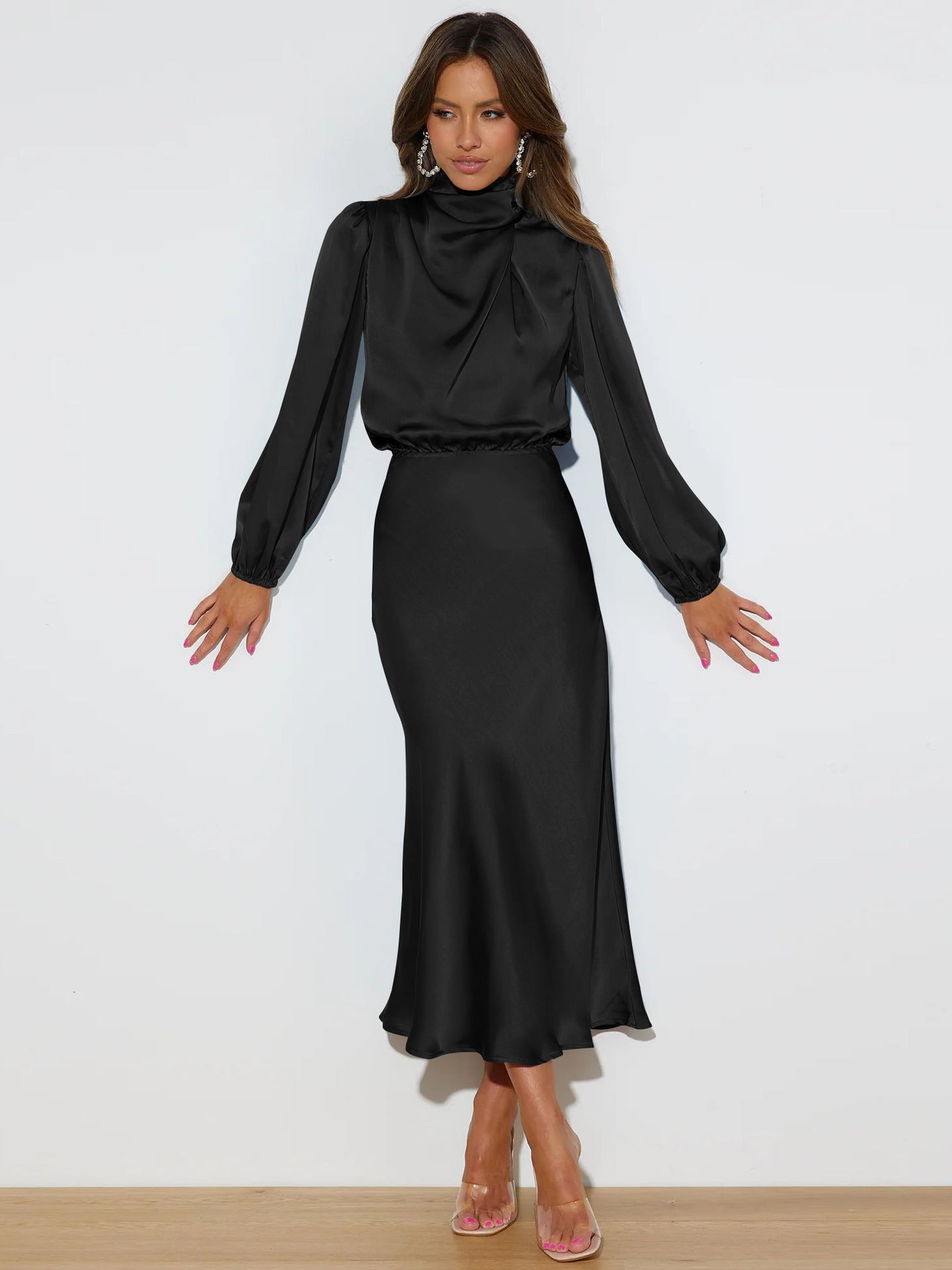 Robe de soirée élégante en satin à manches longues et col licou pour femme, tenue de soirée élégante, printemps et automne - KaoKao
