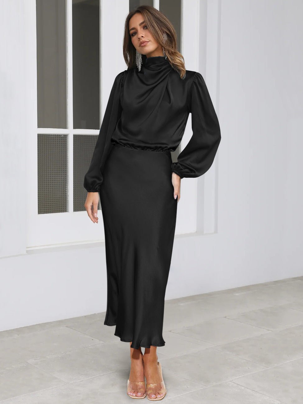 Robe de soirée élégante en satin à manches longues et col licou pour femme, tenue de soirée élégante, printemps et automne - KaoKao