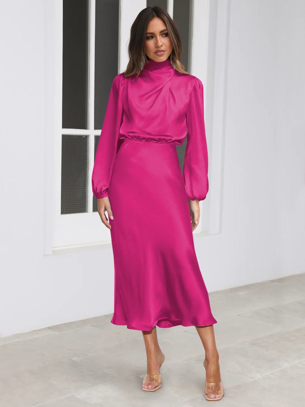 Robe de soirée élégante en satin à manches longues et col licou pour femme, tenue de soirée élégante, printemps et automne - KaoKao