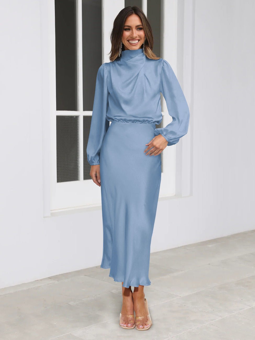Robe de soirée élégante en satin à manches longues et col licou pour femme, tenue de soirée élégante, printemps et automne - KaoKao