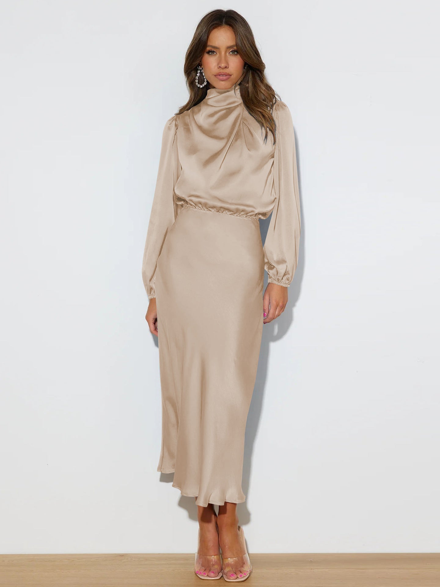 Robe de soirée élégante en satin à manches longues et col licou pour femme, tenue de soirée élégante, printemps et automne - KaoKao