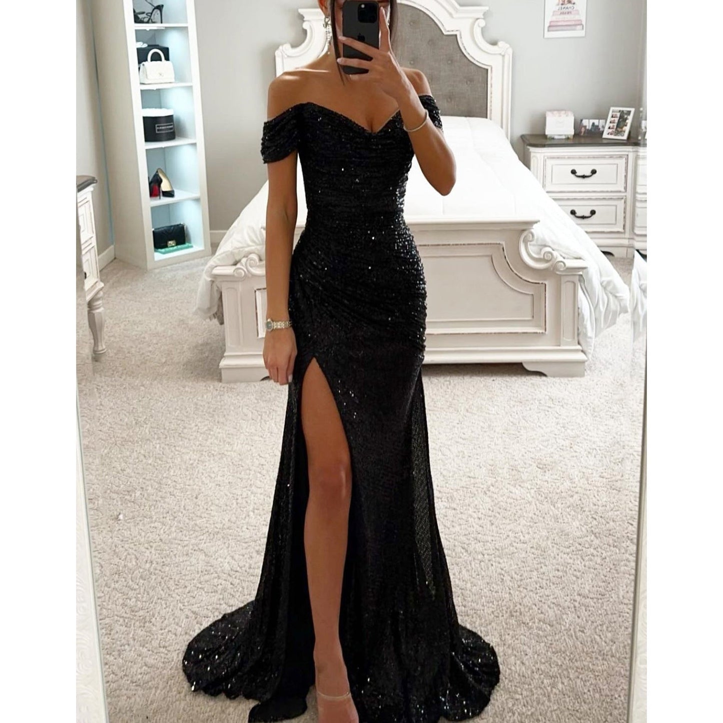Robe de soirée fendue à paillettes et col dénudé pour femme - KaoKao