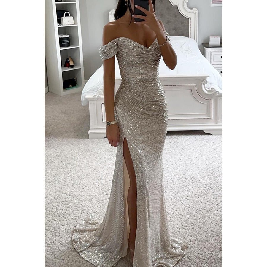 Robe de soirée fendue à paillettes et col dénudé pour femme - KaoKao
