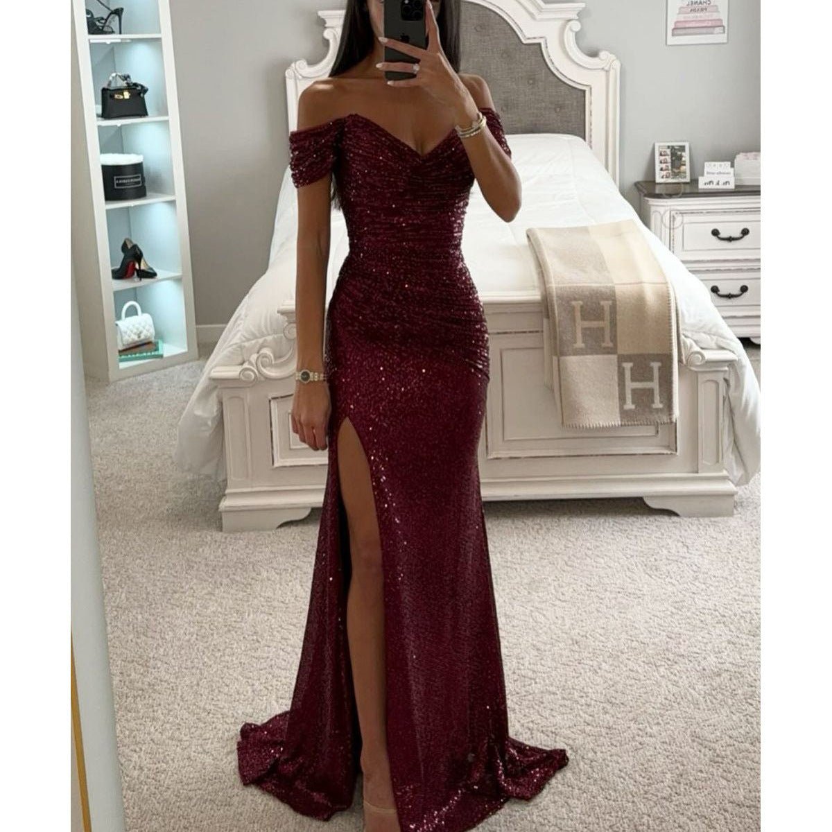 Robe de soirée fendue à paillettes et col dénudé pour femme - KaoKao