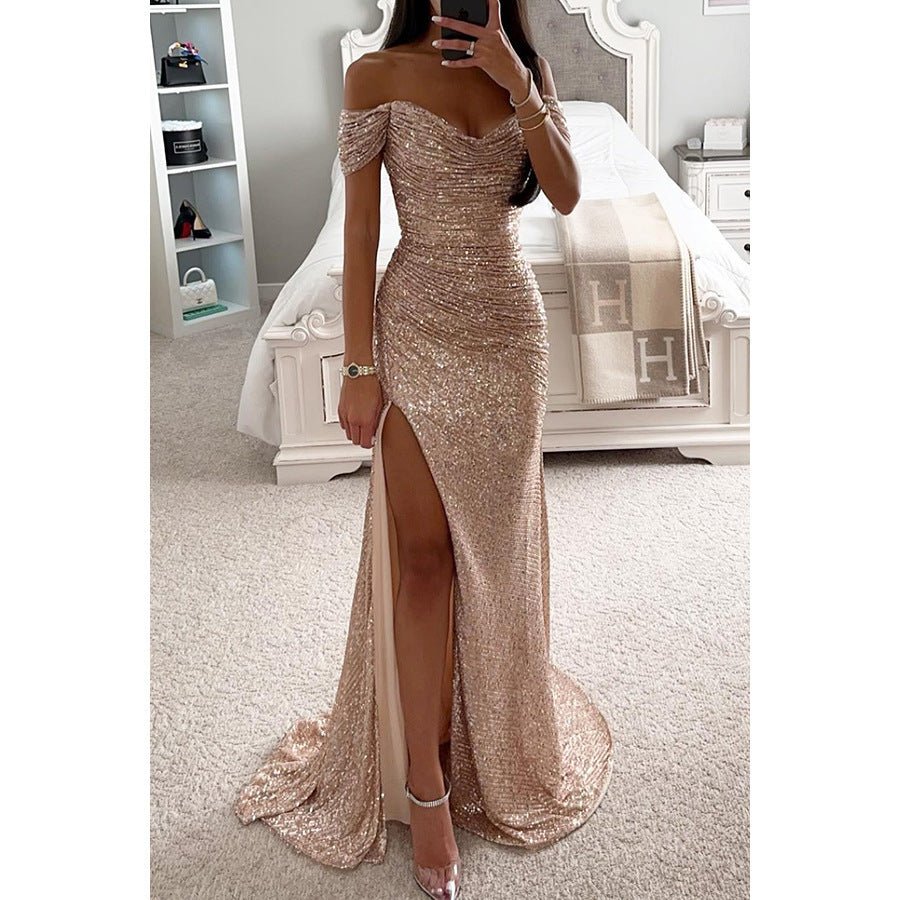 Robe de soirée fendue à paillettes et col dénudé pour femme - KaoKao