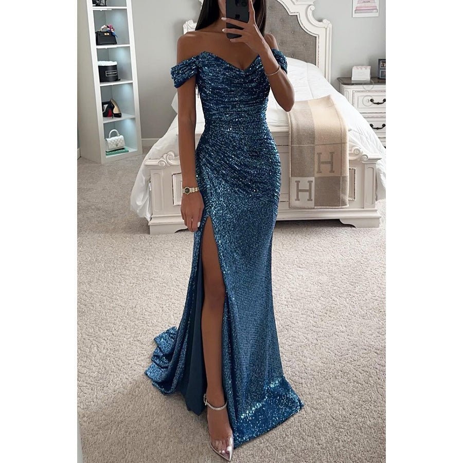 Robe de soirée fendue à paillettes et col dénudé pour femme - KaoKao