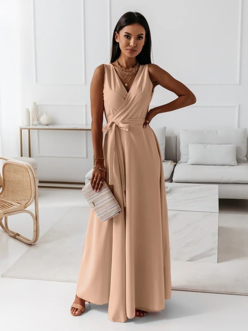 Robe de soirée unie à col en V pour femme - KaoKao