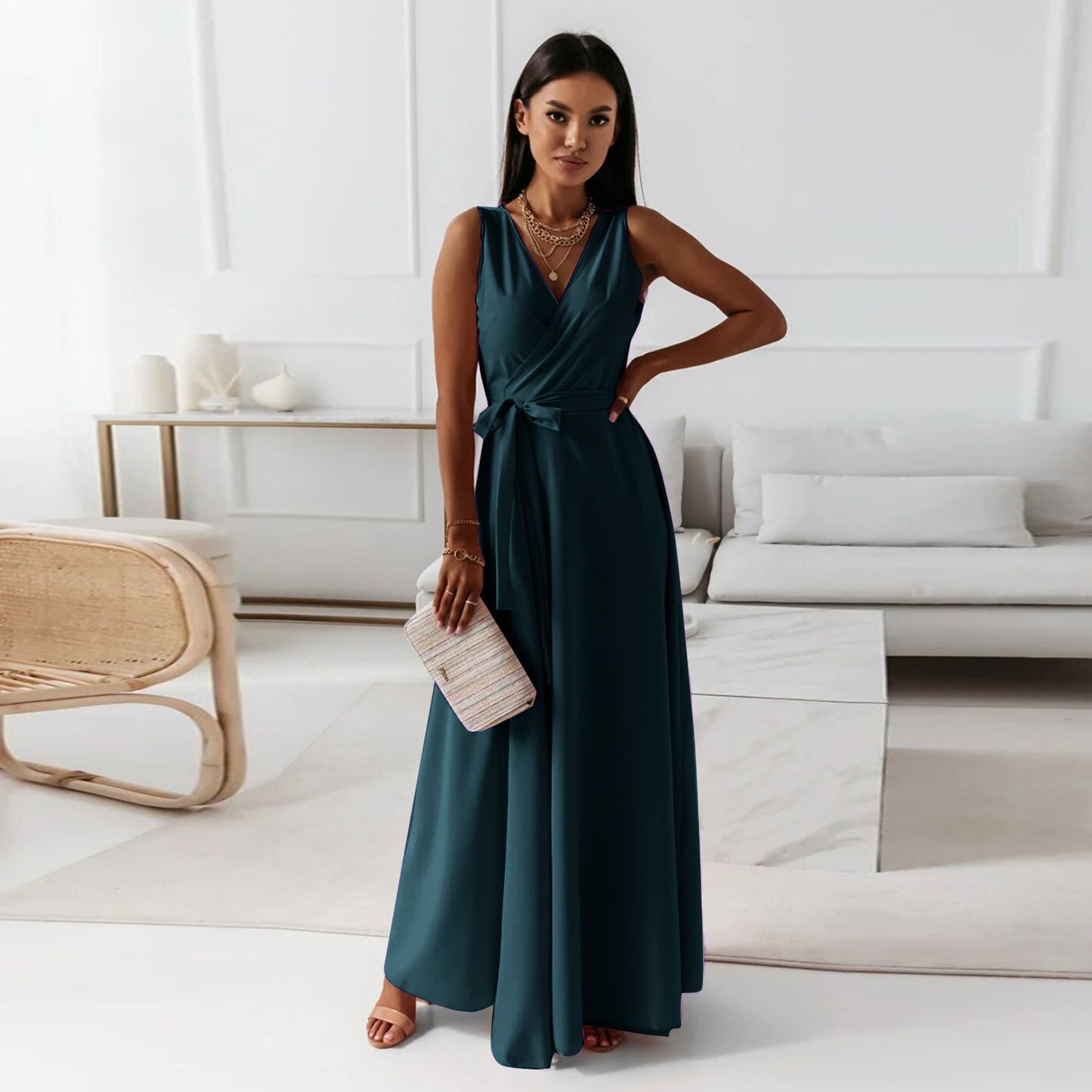 Robe de soirée unie à col en V pour femme - KaoKao