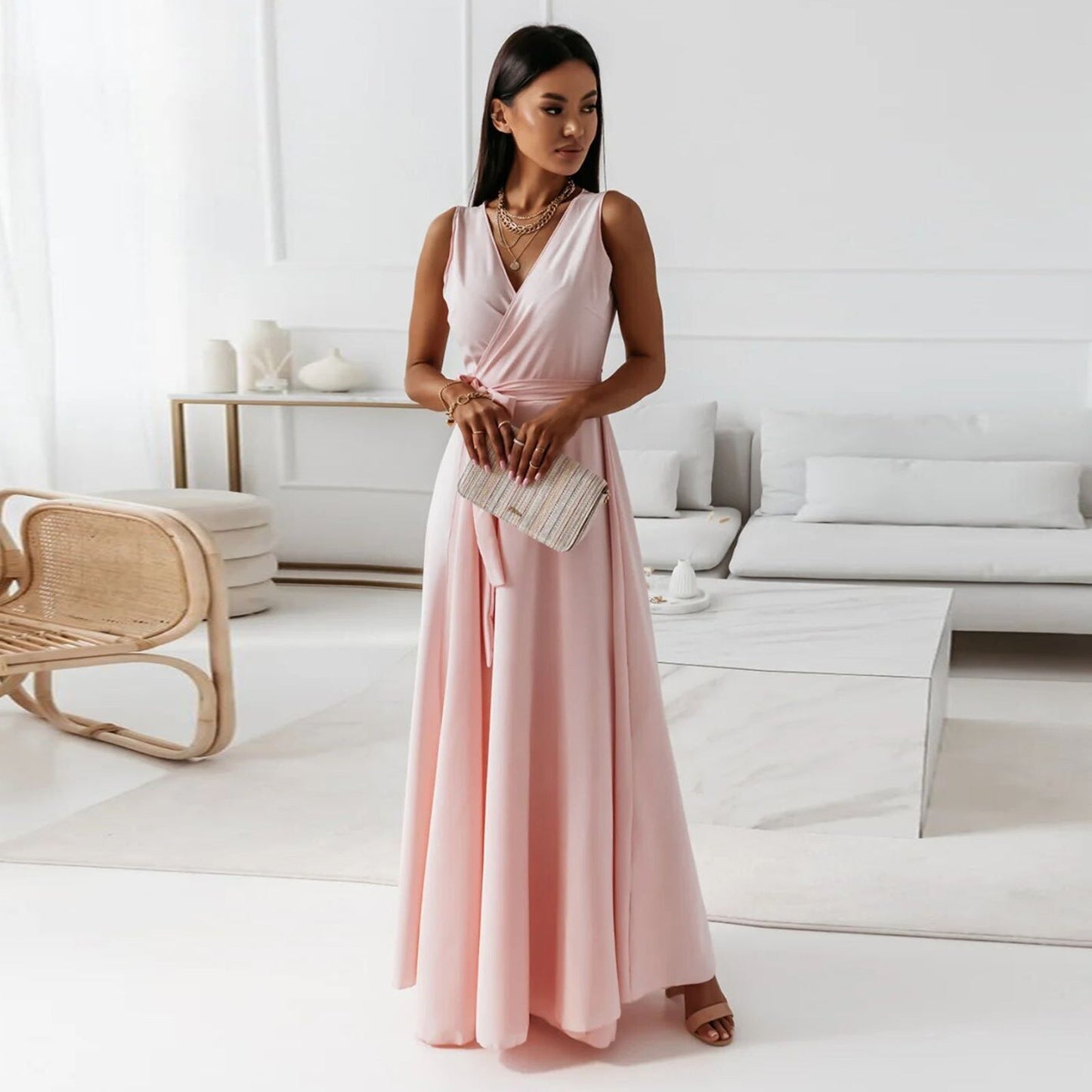 Robe de soirée unie à col en V pour femme - KaoKao