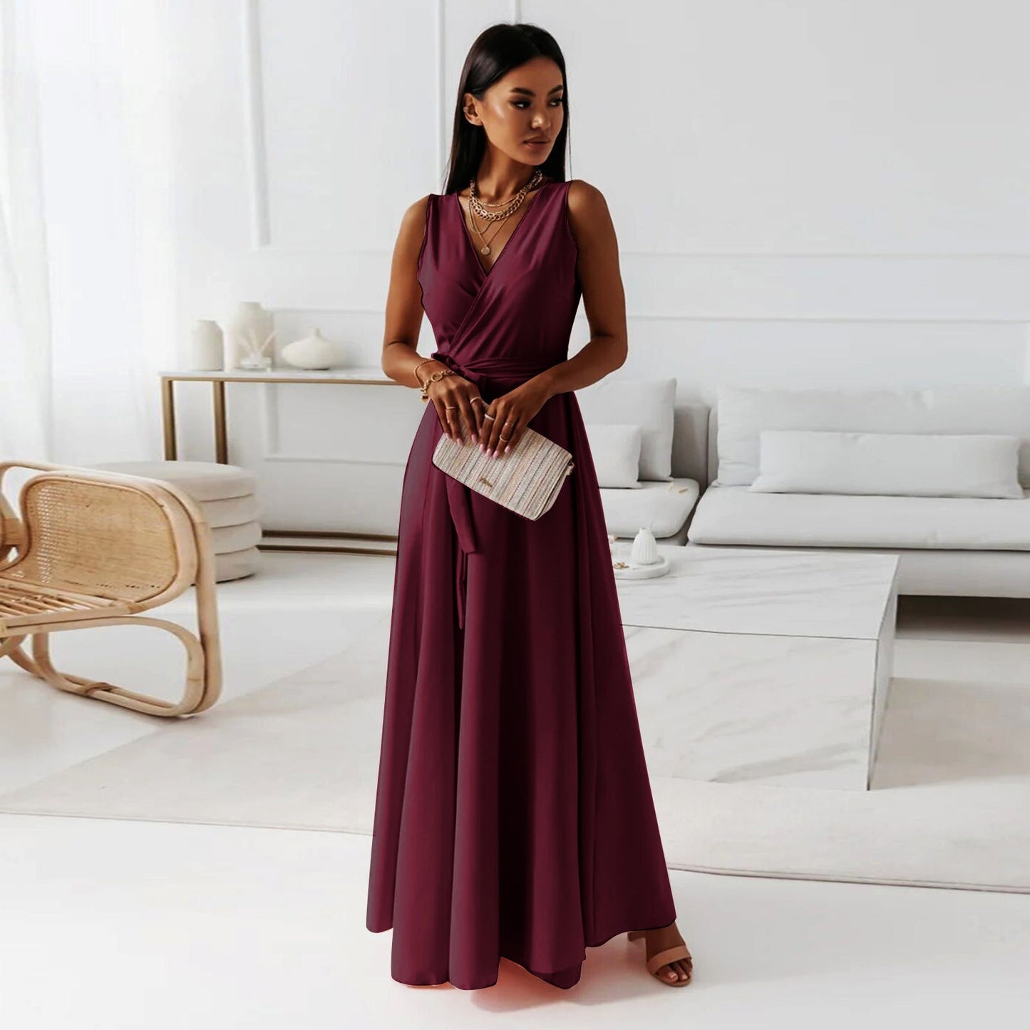 Robe de soirée unie à col en V pour femme - KaoKao