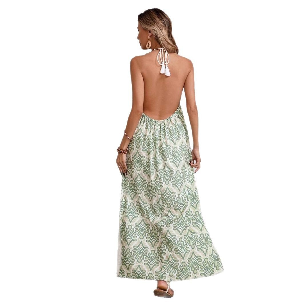 Robe de vacances fendue dos nu à lacets et pompons pour femme - KaoKao