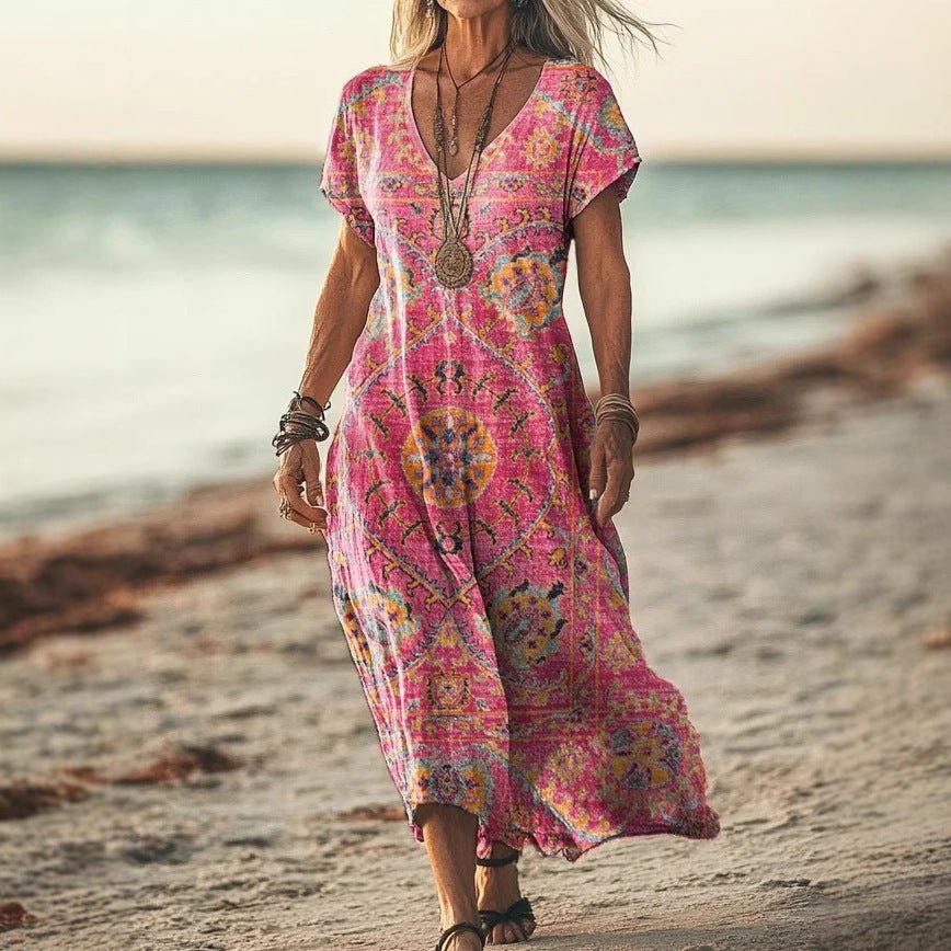 Robe décontractée à col en V et manches chauve - souris imprimées tie - dye - KaoKao
