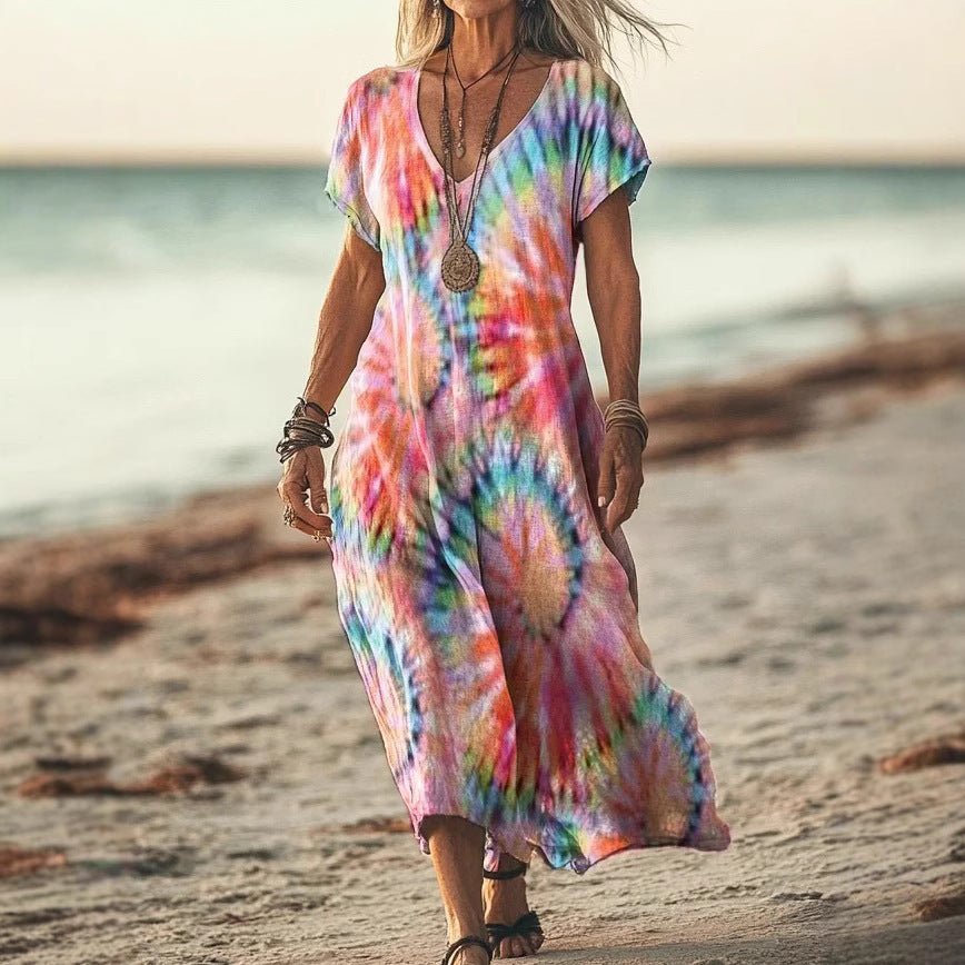 Robe décontractée à col en V et manches chauve - souris imprimées tie - dye - KaoKao