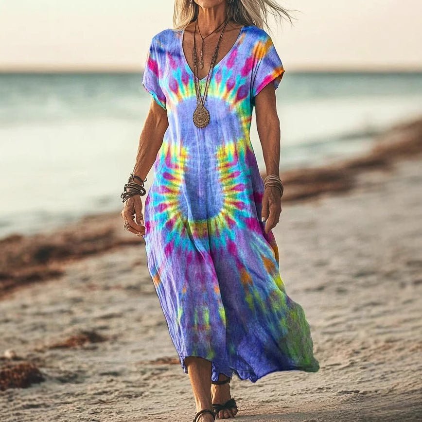 Robe décontractée à col en V et manches chauve - souris imprimées tie - dye - KaoKao