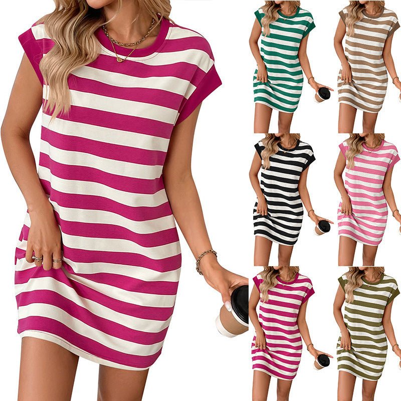 Robe décontractée à manches courtes et col rond pour femme, jupe courte rayée avec poches - KaoKao