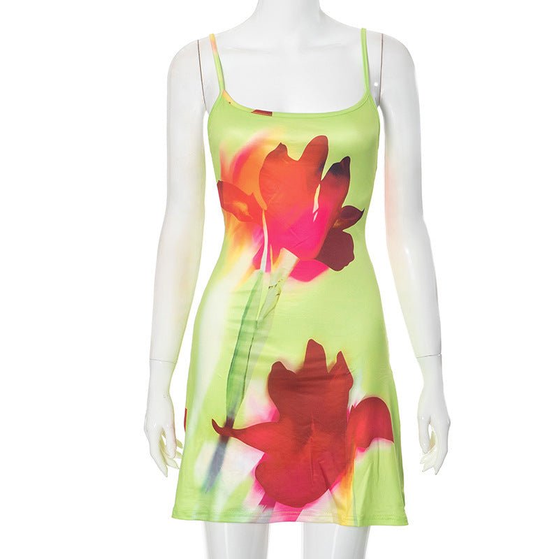 Robe d'été à bretelles, imprimé floral, tendance, slim, col carré, courte, vêtements de plage pour femmes - KaoKao