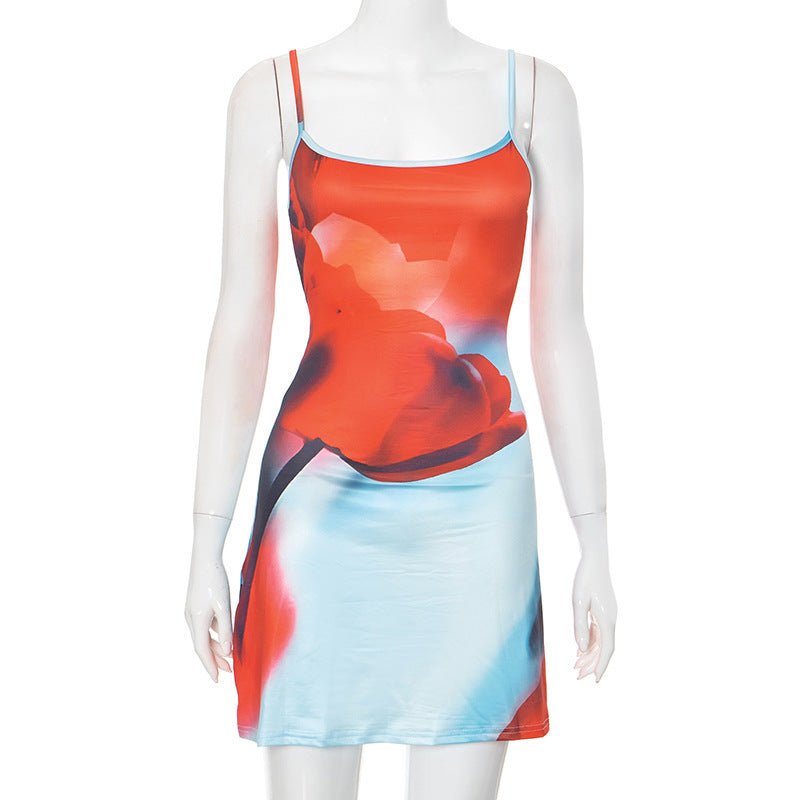 Robe d'été à bretelles, imprimé floral, tendance, slim, col carré, courte, vêtements de plage pour femmes - KaoKao