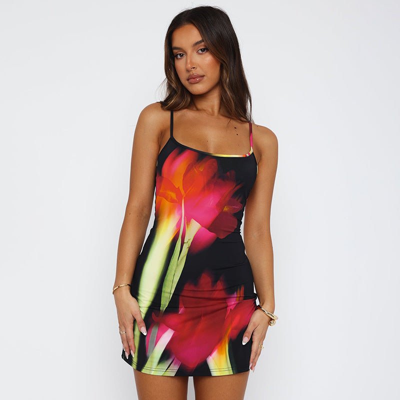 Robe d'été à bretelles, imprimé floral, tendance, slim, col carré, courte, vêtements de plage pour femmes - KaoKao