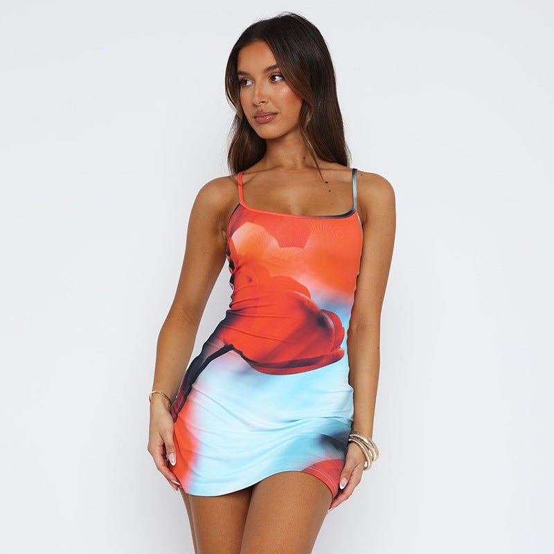 Robe d'été à bretelles, imprimé floral, tendance, slim, col carré, courte, vêtements de plage pour femmes - KaoKao