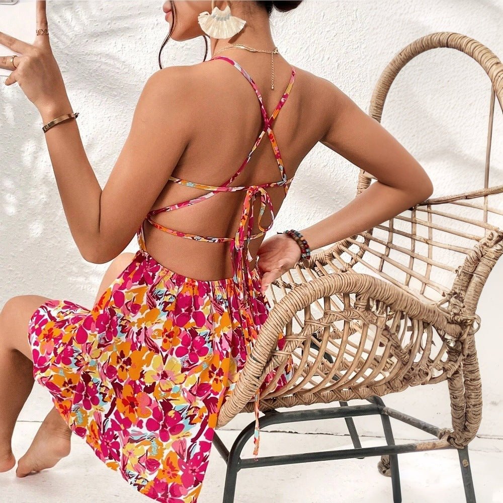 Robe d'été à imprimé floral pour femme, avec lacets dans le dos, idéale pour les vacances en bord de mer - KaoKao