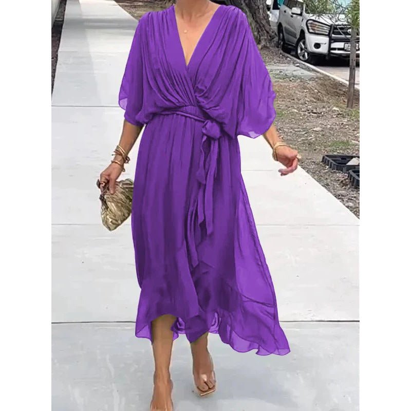 Robe d'été à manches chauve - souris et col en V, couleur unie, nouée, irrégulière, longue, vêtements pour femmes - KaoKao