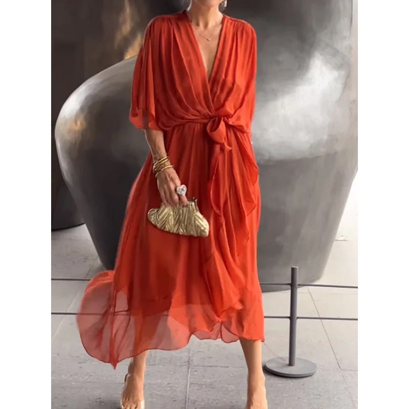 Robe d'été à manches chauve - souris et col en V, couleur unie, nouée, irrégulière, longue, vêtements pour femmes - KaoKao