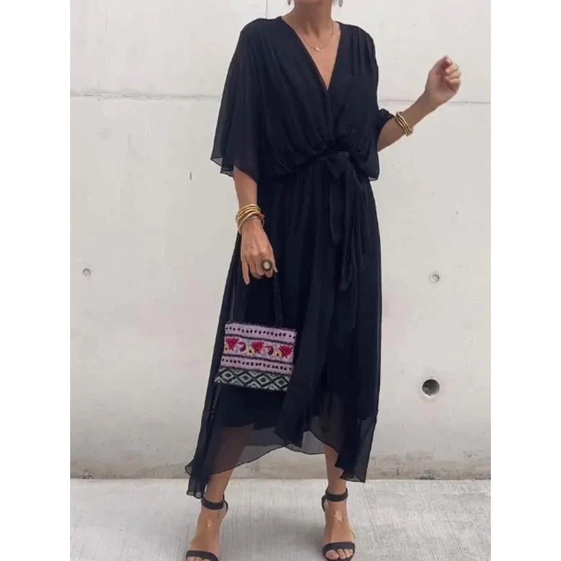 Robe d'été à manches chauve - souris et col en V, couleur unie, nouée, irrégulière, longue, vêtements pour femmes - KaoKao