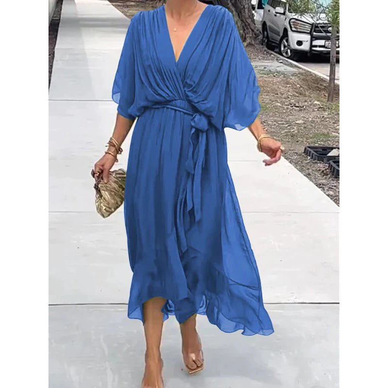 Robe d'été à manches chauve - souris et col en V, couleur unie, nouée, irrégulière, longue, vêtements pour femmes - KaoKao