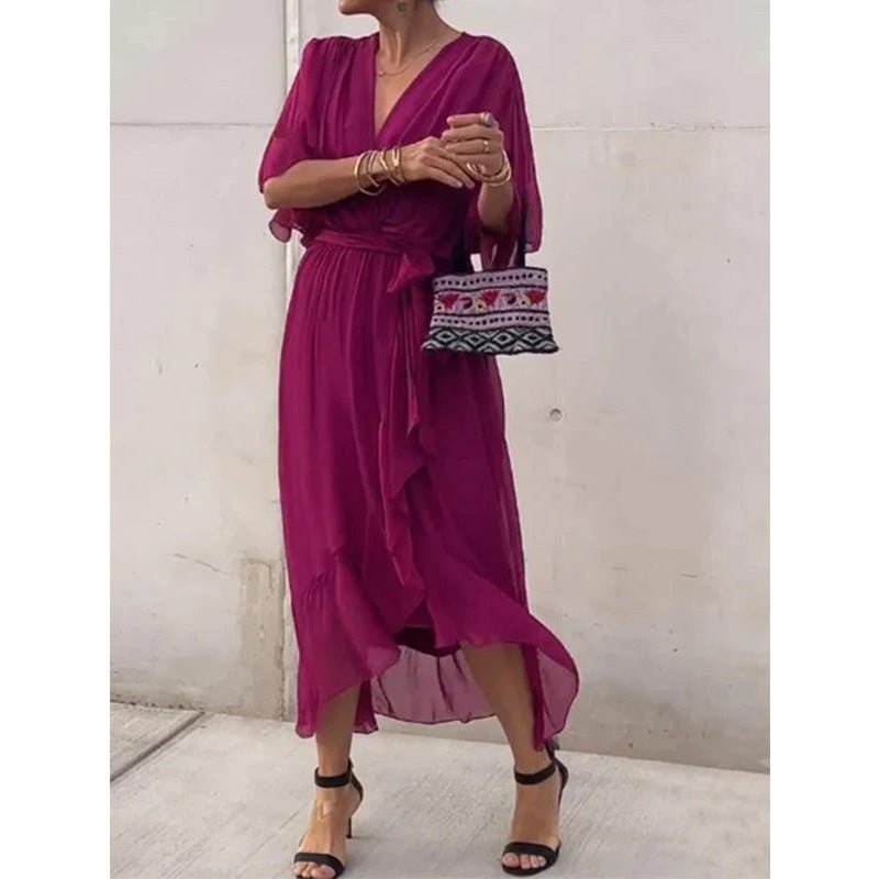 Robe d'été à manches chauve - souris et col en V, couleur unie, nouée, irrégulière, longue, vêtements pour femmes - KaoKao