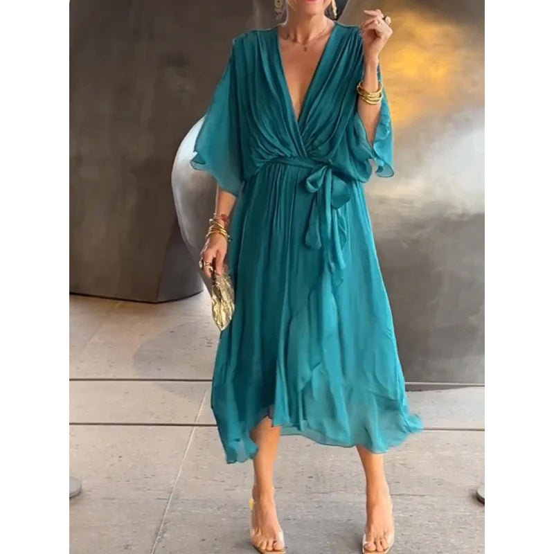 Robe d'été à manches chauve - souris et col en V, couleur unie, nouée, irrégulière, longue, vêtements pour femmes - KaoKao