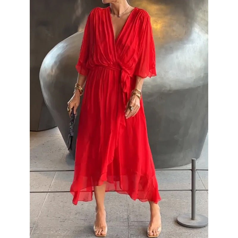 Robe d'été à manches chauve - souris et col en V, couleur unie, nouée, irrégulière, longue, vêtements pour femmes - KaoKao