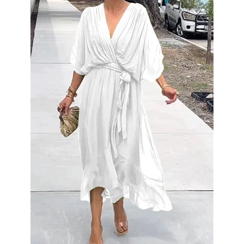 Robe d'été à manches chauve - souris et col en V, couleur unie, nouée, irrégulière, longue, vêtements pour femmes - KaoKao