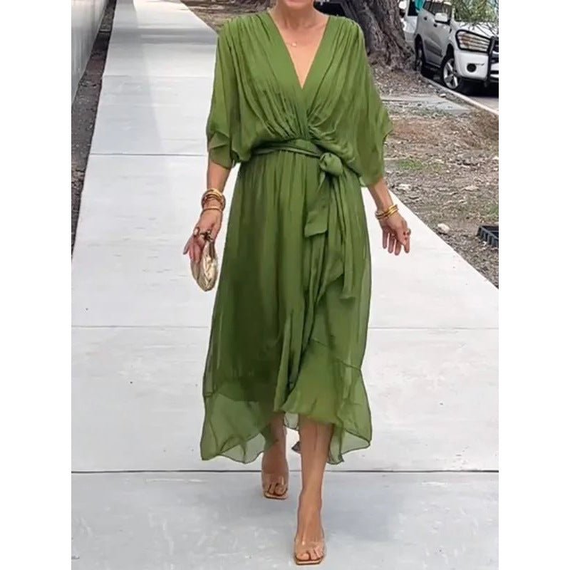 Robe d'été à manches chauve - souris et col en V, couleur unie, nouée, irrégulière, longue, vêtements pour femmes - KaoKao