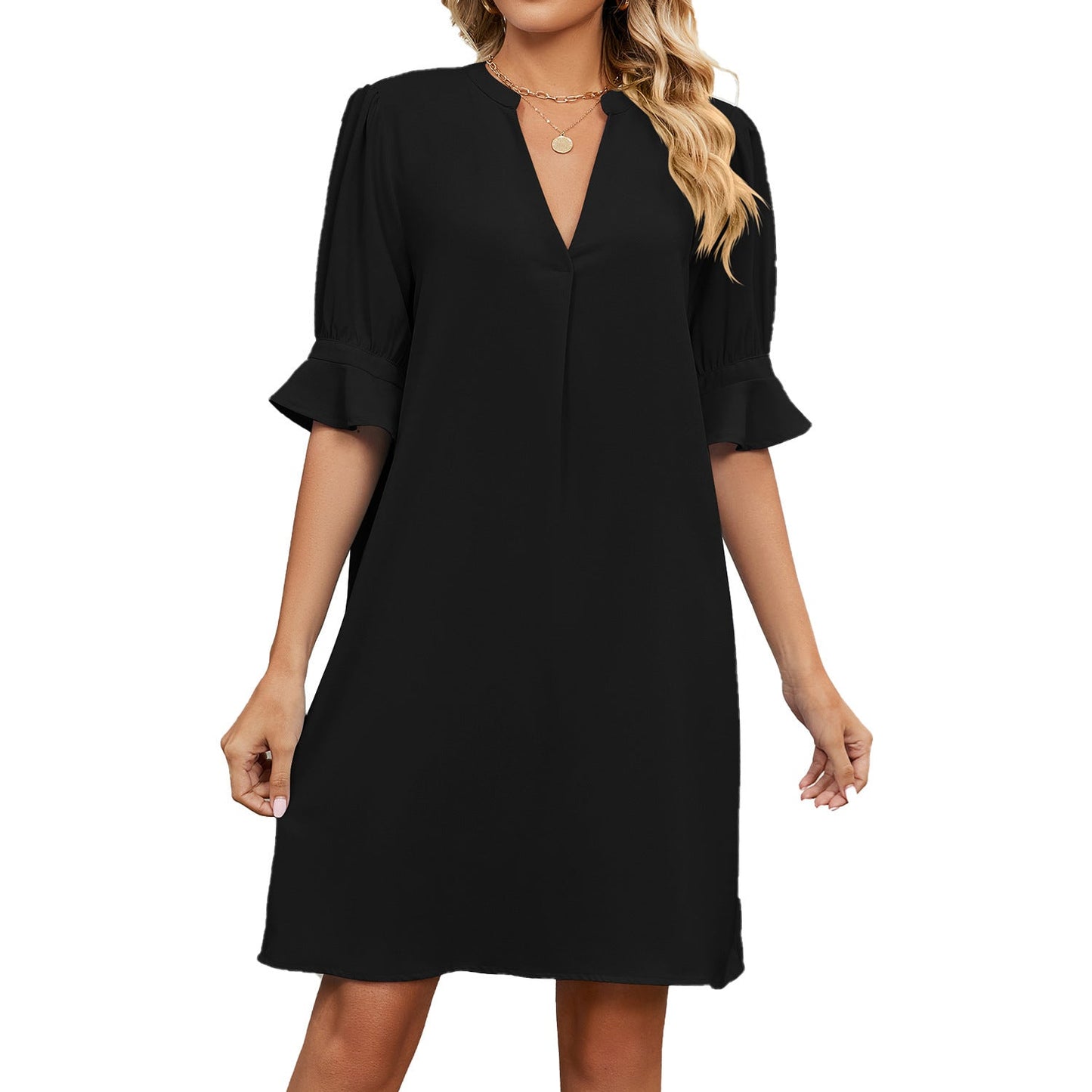 Robe d'été européenne et américaine à manches mi - longues, ample, plissée, couleur unie et col en V - KaoKao