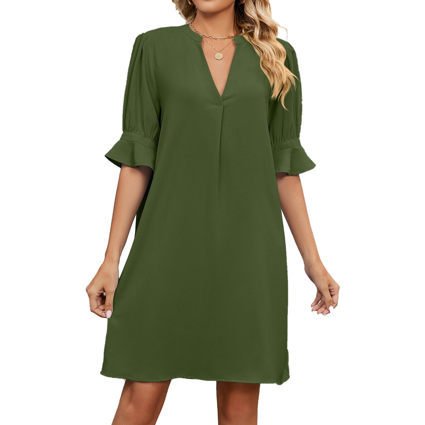 Robe d'été européenne et américaine à manches mi - longues, ample, plissée, couleur unie et col en V - KaoKao