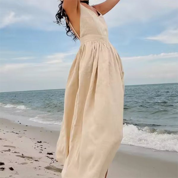 Robe d'été fendue à bretelles et col en V, dos nu, taille haute, longue, tendance, pour femmes - KaoKao