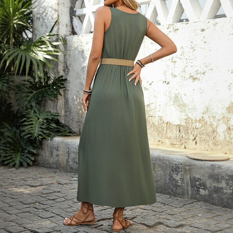 Robe d'été fendue sans manches à col rond et boutons, tenue de plage unie tendance pour femmes - KaoKao