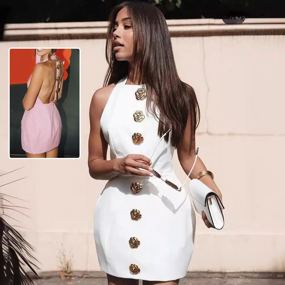 Robe dos nu sans manches avec boutons roses, style streetwear, vêtements d'été pour femmes - KaoKao
