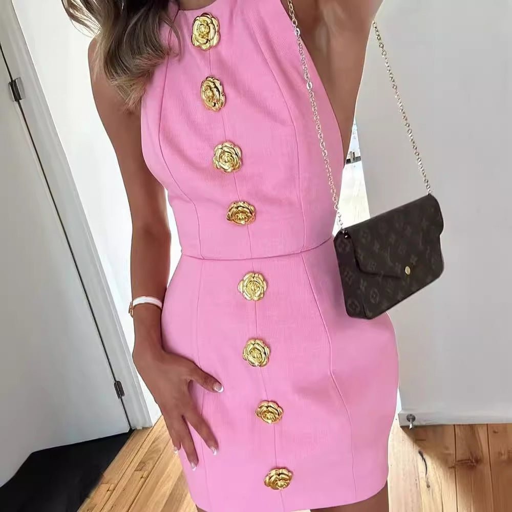 Robe dos nu sans manches avec boutons roses, style streetwear, vêtements d'été pour femmes - KaoKao