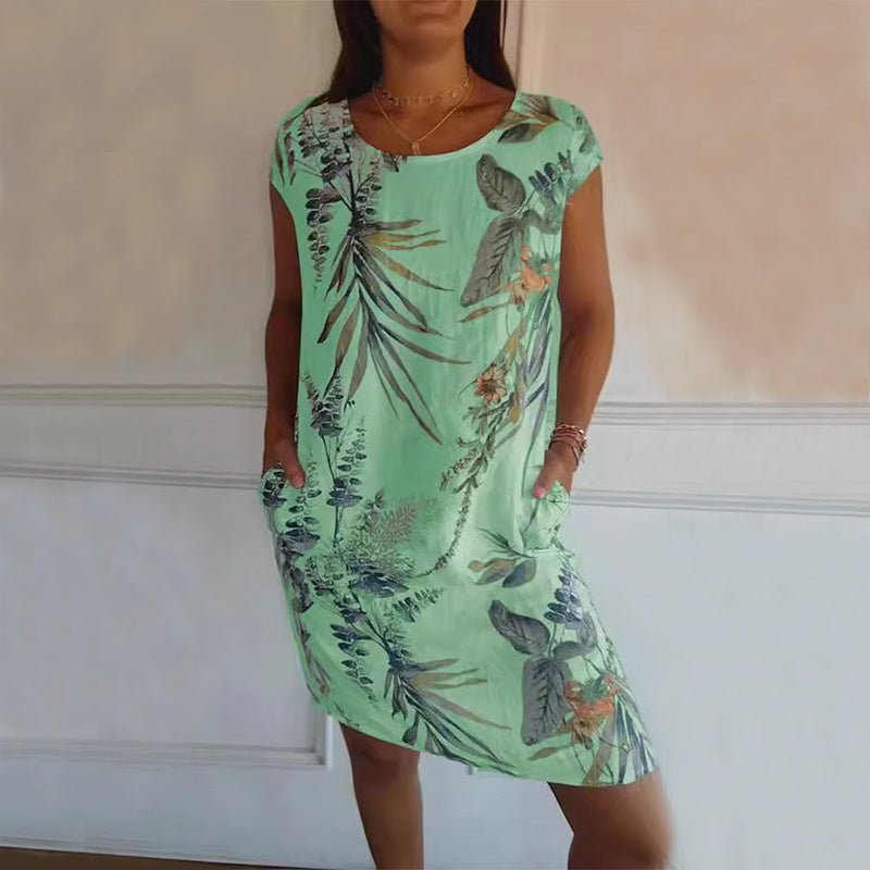 Robe droite à imprimé fleurs et feuilles, ample, col rond, manches courtes, vêtements pour femmes, été - KaoKao