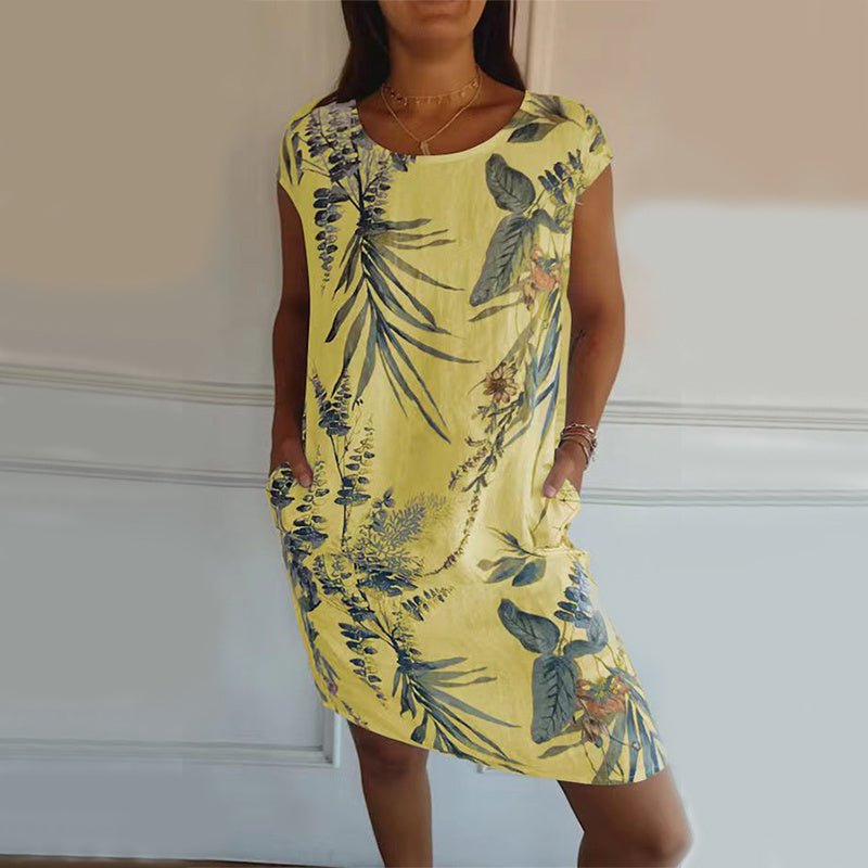 Robe droite à imprimé fleurs et feuilles, ample, col rond, manches courtes, vêtements pour femmes, été - KaoKao
