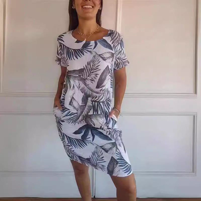 Robe droite à imprimé fleurs et feuilles, ample, col rond, manches courtes, vêtements pour femmes, été - KaoKao