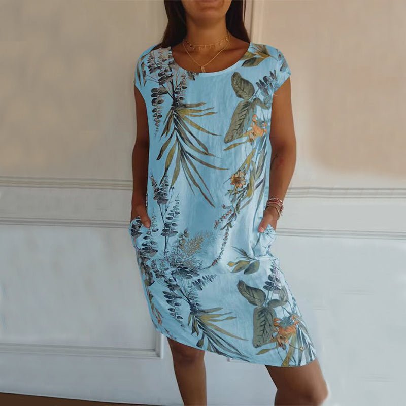 Robe droite à imprimé fleurs et feuilles, ample, col rond, manches courtes, vêtements pour femmes, été - KaoKao