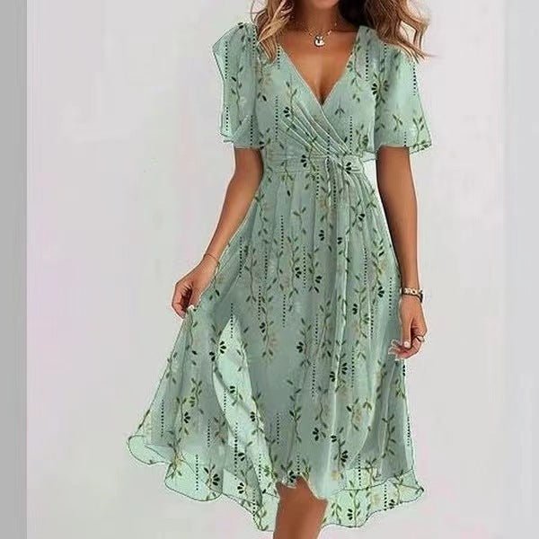 Robe en mousseline imprimée à manches courtes, élégante robe d'été à col en V, vêtements pour femmes - KaoKao