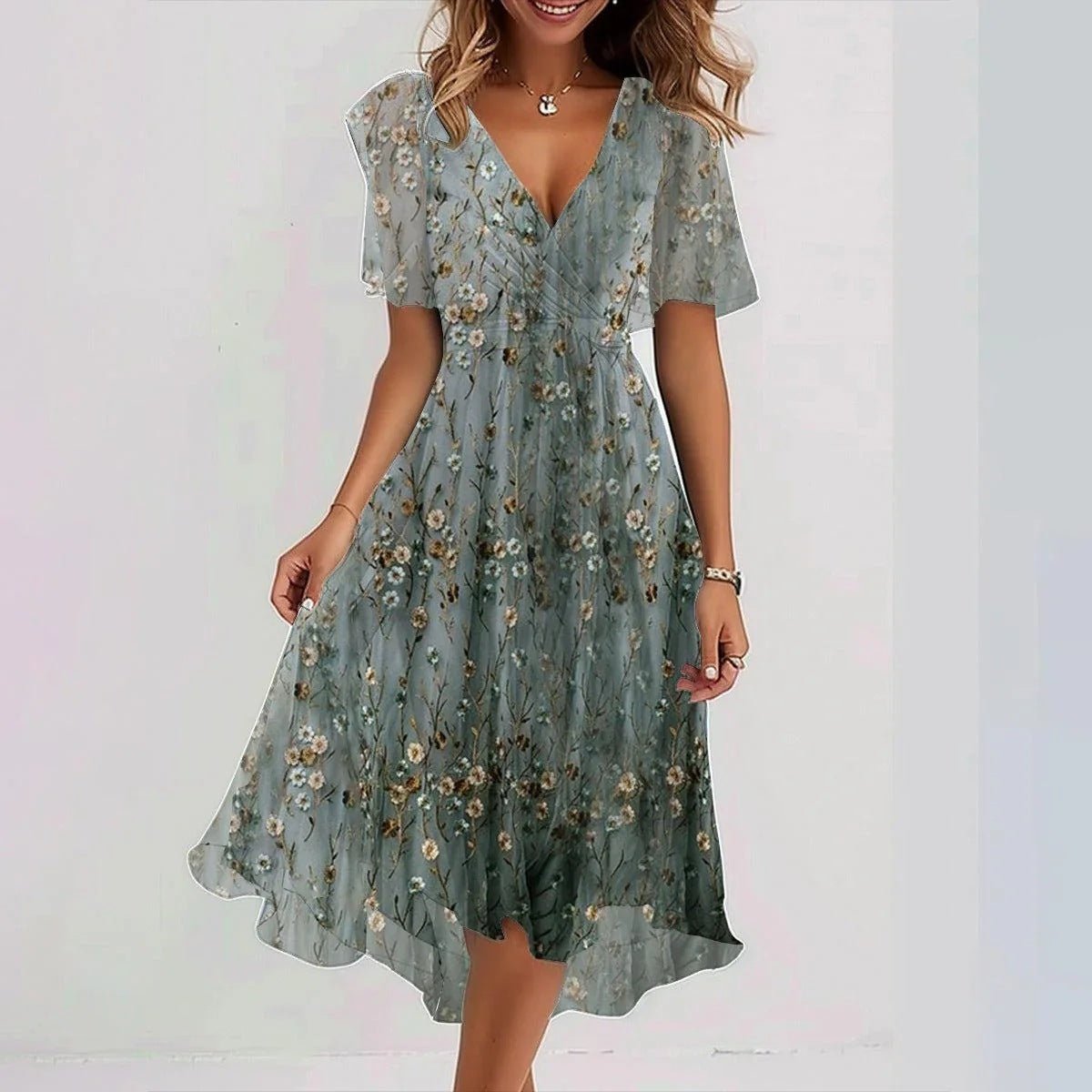 Robe en mousseline imprimée à manches courtes, élégante robe d'été à col en V, vêtements pour femmes - KaoKao