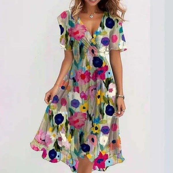 Robe en mousseline imprimée à manches courtes, élégante robe d'été à col en V, vêtements pour femmes - KaoKao