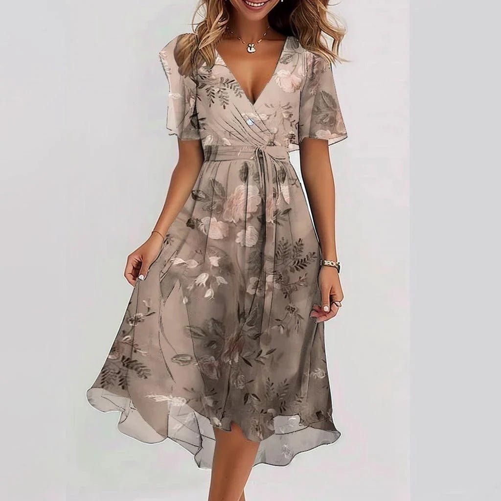 Robe en mousseline imprimée à manches courtes, élégante robe d'été à col en V, vêtements pour femmes - KaoKao