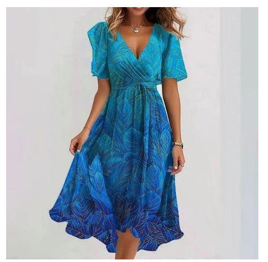 Robe en mousseline imprimée à manches courtes, élégante robe d'été à col en V, vêtements pour femmes - KaoKao