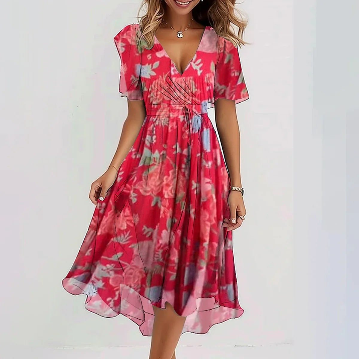 Robe en mousseline imprimée à manches courtes, élégante robe d'été à col en V, vêtements pour femmes - KaoKao
