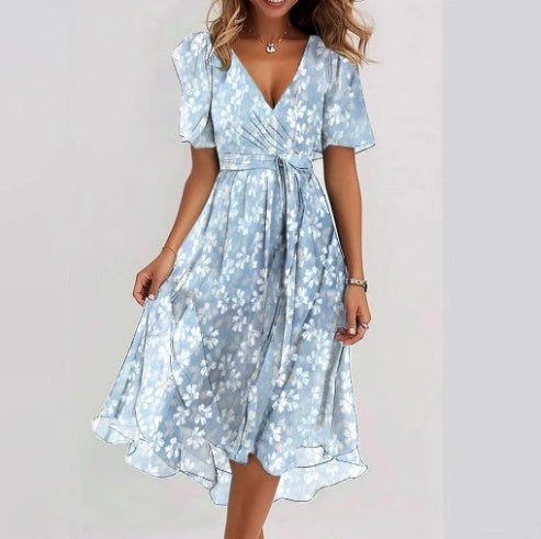 Robe en mousseline imprimée à manches courtes, élégante robe d'été à col en V, vêtements pour femmes - KaoKao
